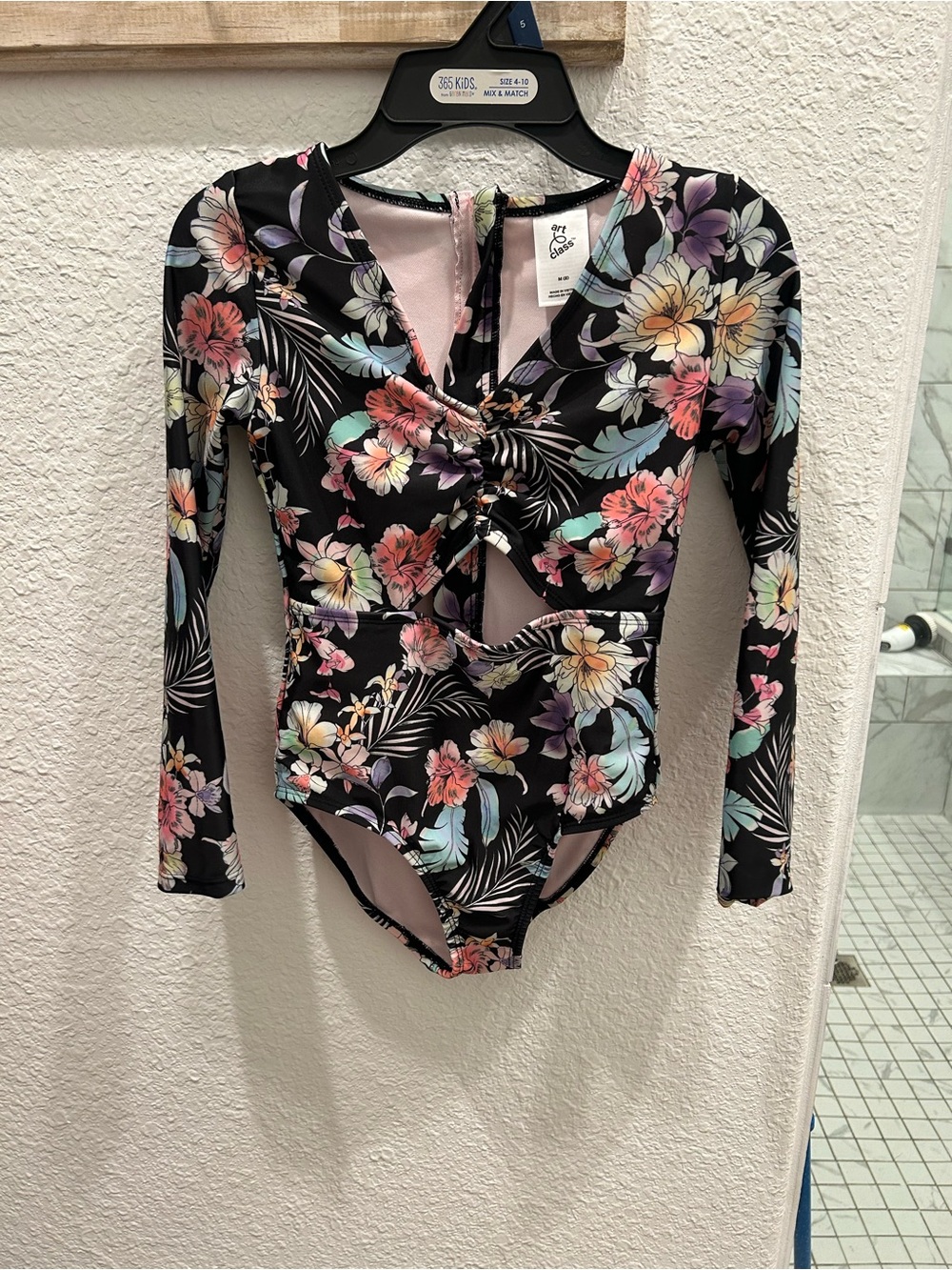 art class Girls Black Floral Long Sleeve One-Piece Swimsuit